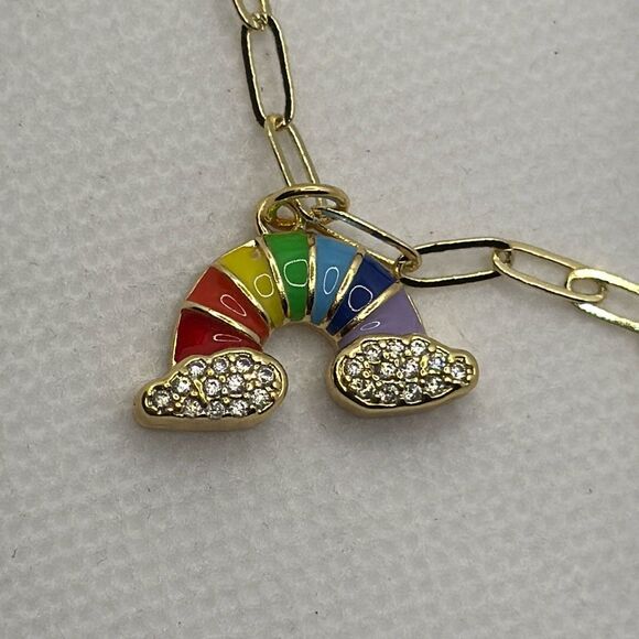 NWOT 18k gold plated enamel rainbow pendant with zircon encrusted clouds - Picture 2 of 5